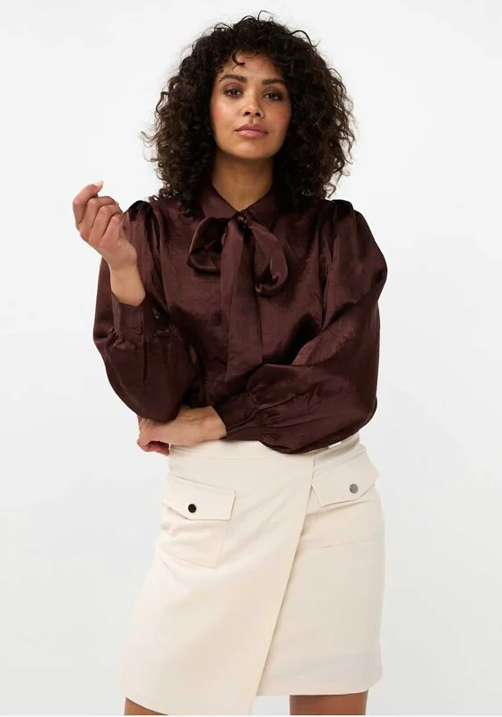 EsQualo Crushed Satin Bow Blouse, Brown Lightweight Floral Blouse