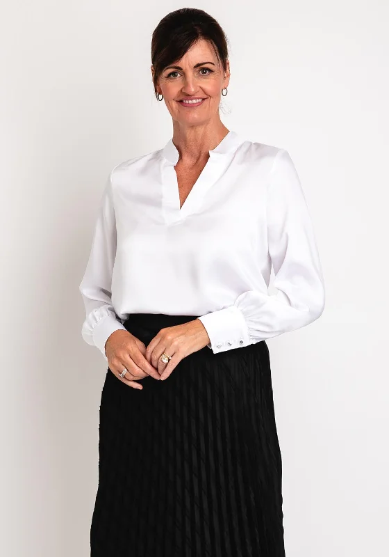 Camolet V-Neck Satin Blouse, White Embellished Collar Blouse