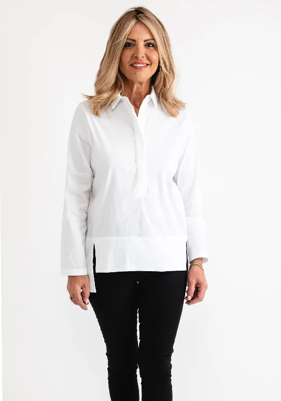 D.e.c.k by Decollage Short Button Blouse, White Satin Long Blouse