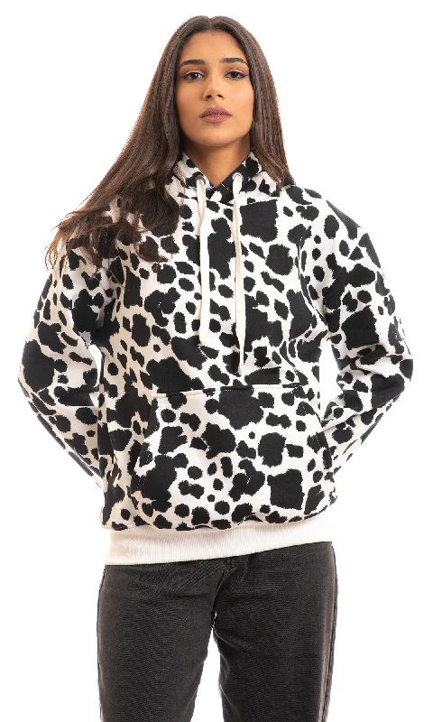 98113 Patterned Slip On Long Sleeves Hoodie - White & Black Hoodie with Button Placket Classic Preppy