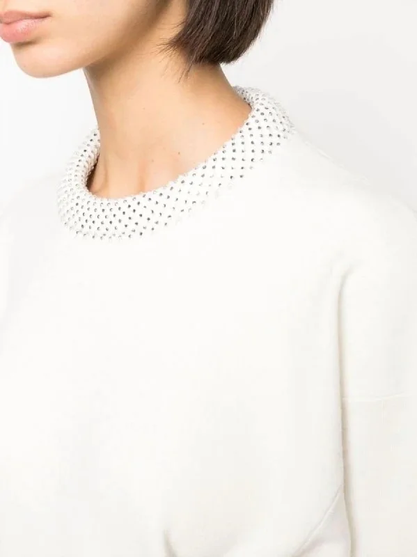 Crystal Embelished Sweater In Off White Houndstooth Herringbone Solid