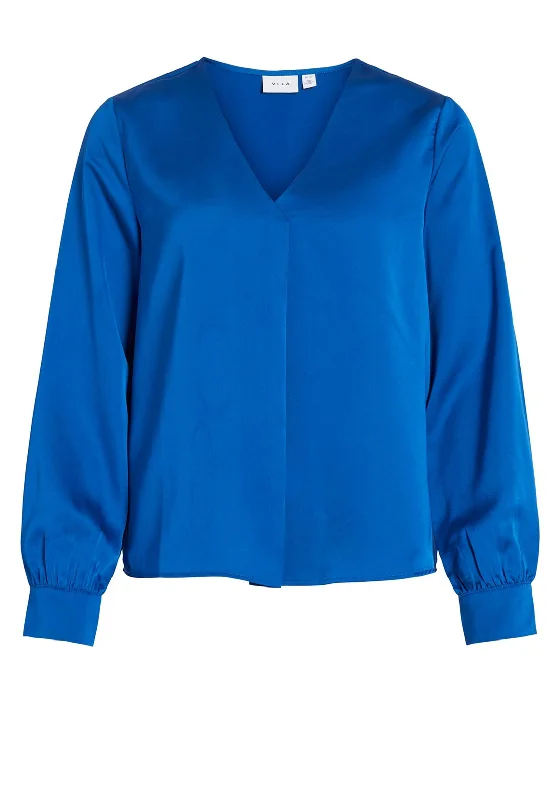 Vila Ellette V-Neck Satin Blouse, Lapis Blue Relaxed Fit Blouse