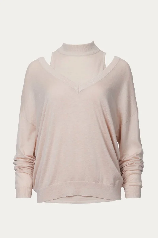 Niva Cutout Shoulder Sweater In Misty Rose Silk Blend Satin Velvet