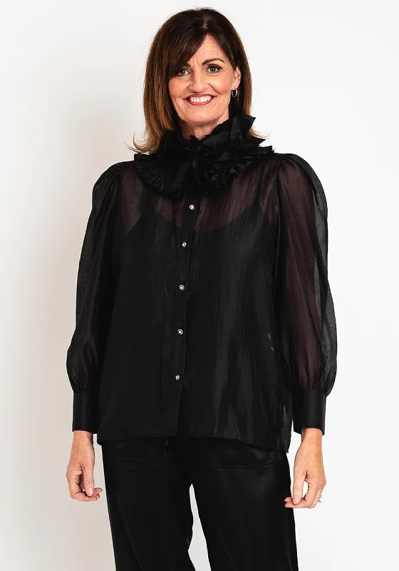 Natalia Collection One Size Frill Neck Sheer Blouse, Black Soft Knit Blouse