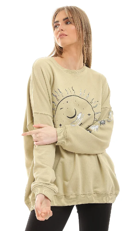 96173 Front & Left Sleeve Printing Light Olive Loose Sweatshirt Hoodie with Stripes Bold Sporty