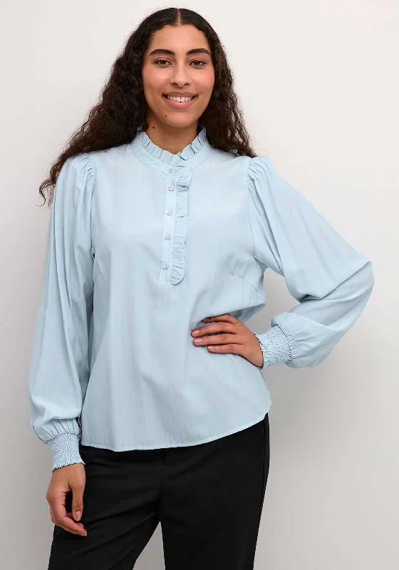 Kaffe Dorit Ruffle Neck Blouse, Blue Gathered Detail Blouse