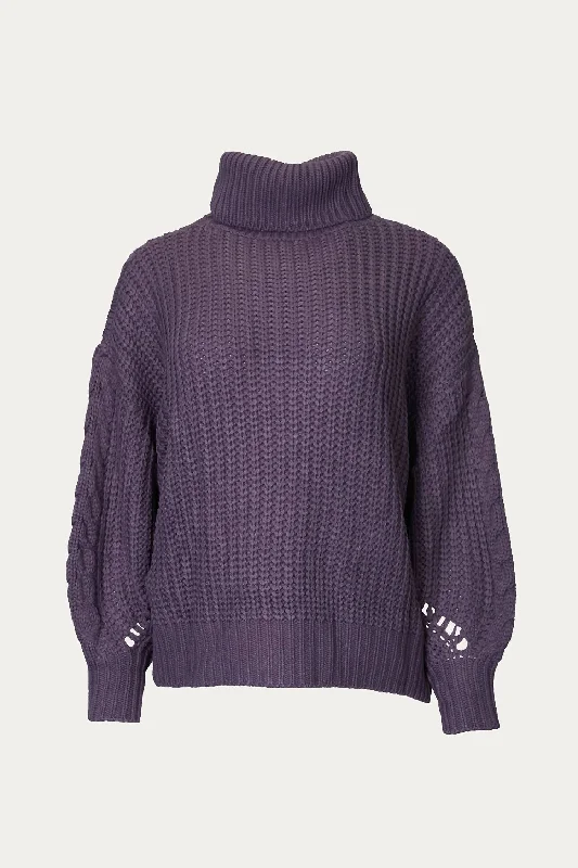 Cable-Knit Turtleneck Sweater In Dark Purple Grey Plaid Sweater Polka Dot Checkered