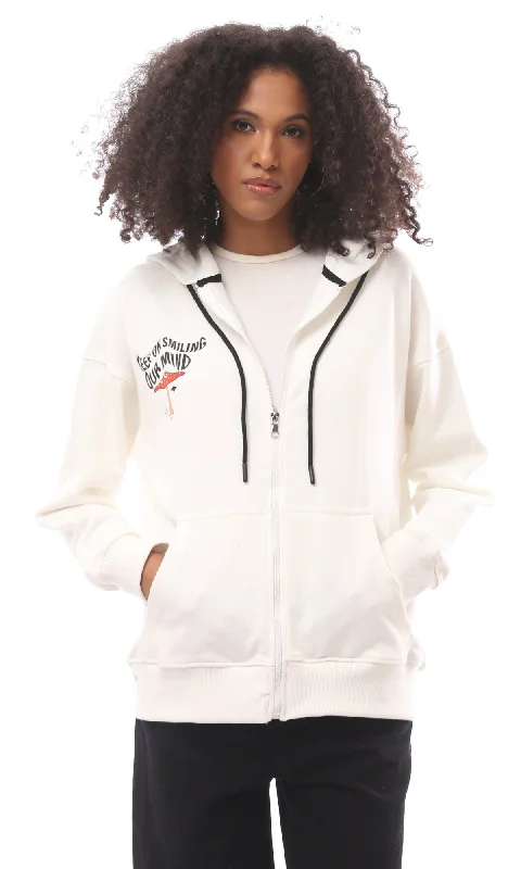 O173685 Front & Back Print Off-White Zipped Sweatshirt Hoodie with Cropped Fit Short Trendy