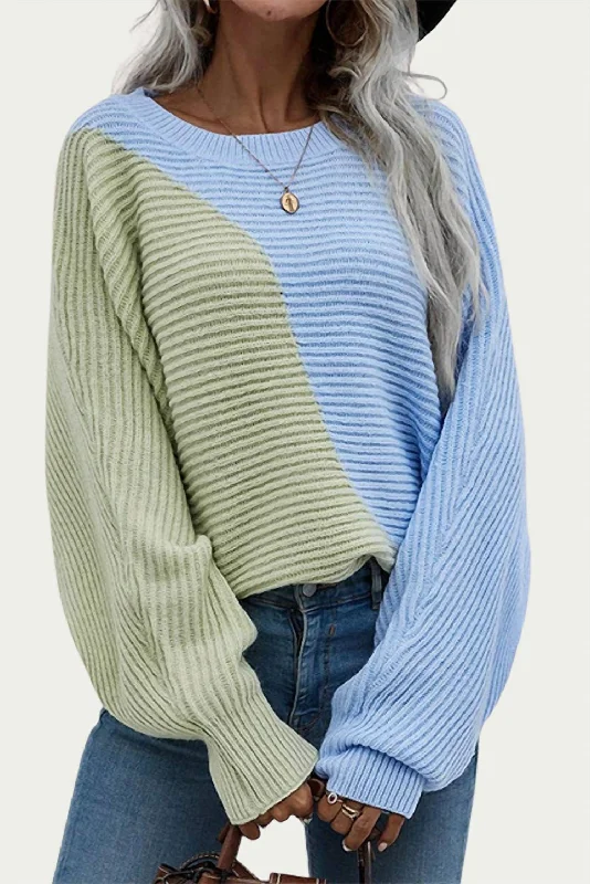 Cotton-Blend Colorblock Sweater In Green/blue Striped Floral Plaid