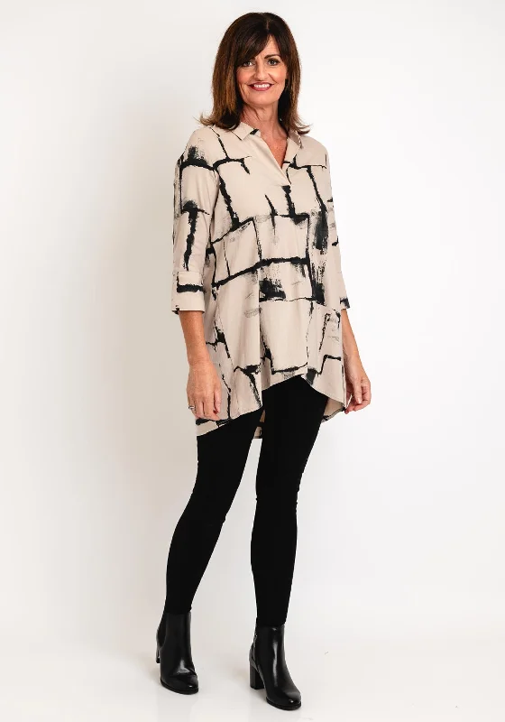 Ever Sassy Abstract Print Tunic Blouse, Beige Versatile Layering Blouse