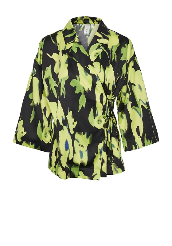 Y.A.S Loliso Wrap Blouse, Black & Lime Embroidered Cotton Blouse