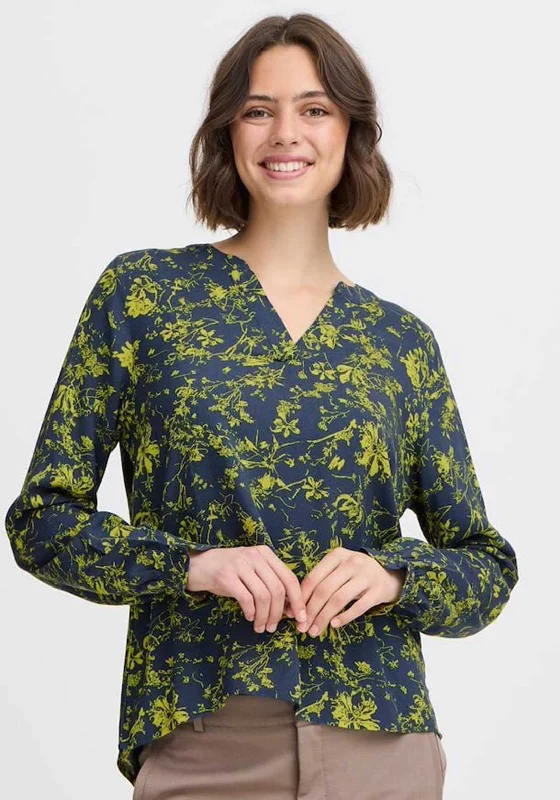 Fransa Flowy Floral V Neck Blouse, Blue Sleeveless Chiffon Blouse