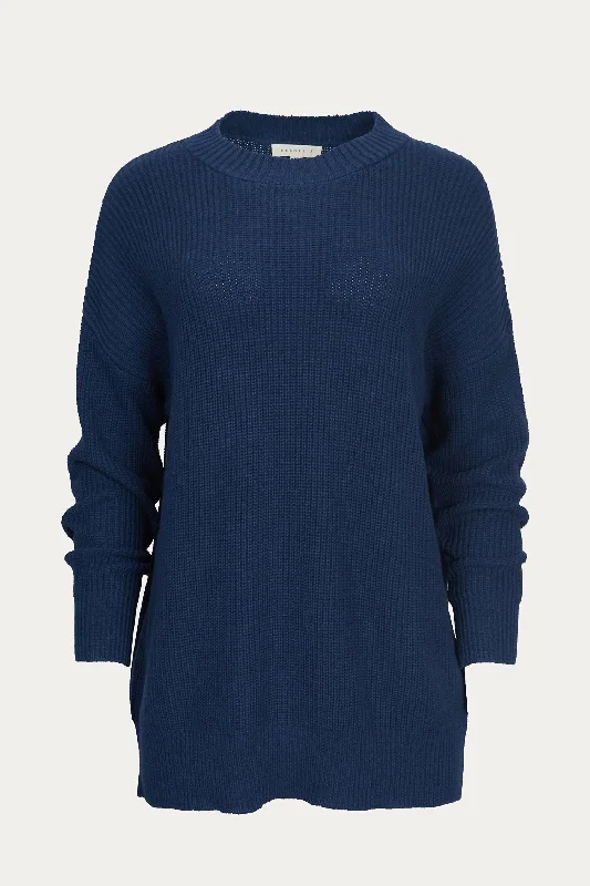 Ribbed-Knit Cotton Sweater In Navy Elasticated Padded Insulated