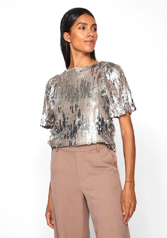 Vila Maya Sequins Blouse, Silver Floral Chiffon Blouse