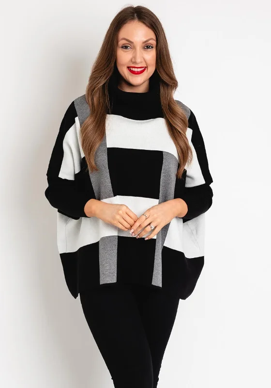 D.E.C.K By Decollage One Size Colour Block Roll Knit Sweater, Black Ribbed Striped Patterned