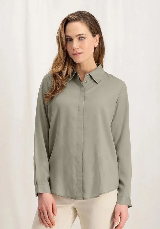 YAYA Long Sleeve Soft Poplin Blouse, Aluminium Beige Polished Work Blouse