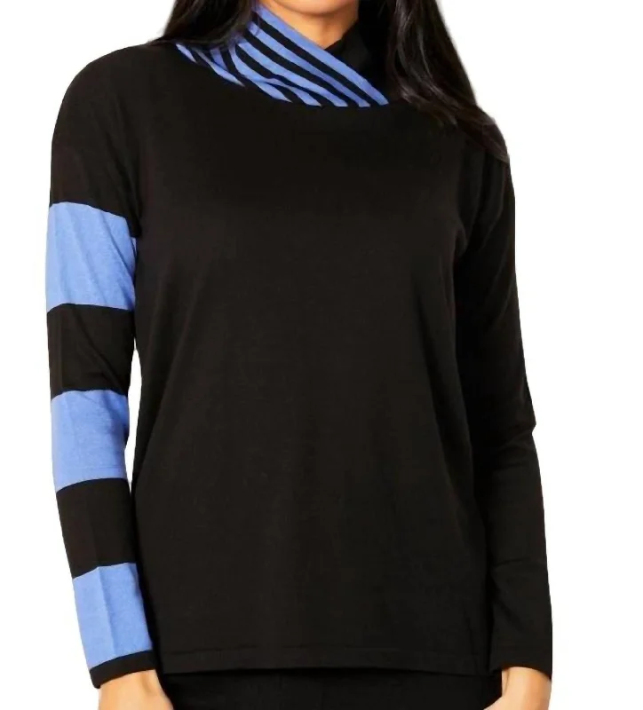 Stripe Funnel Neck Sweater In Black/periwinkle Terry Blend Velvet Blend Canvas Blend