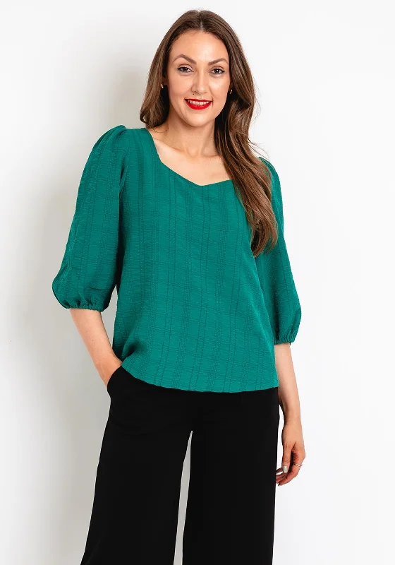 ICHI Cervino Sweetheart Neckline Textured Blouse, Green Gathered Detail Blouse