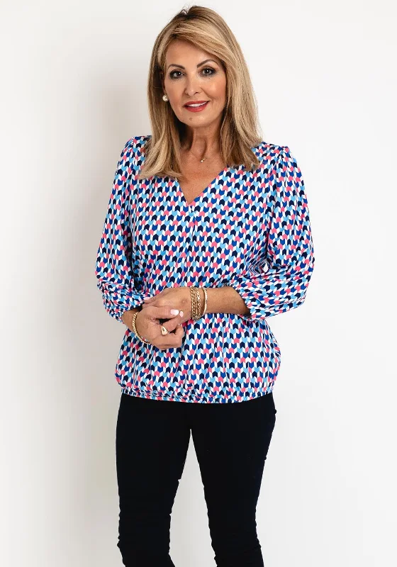 Leon Collection V Neck Blouse, Print Multi Asymmetric Hem Blouse