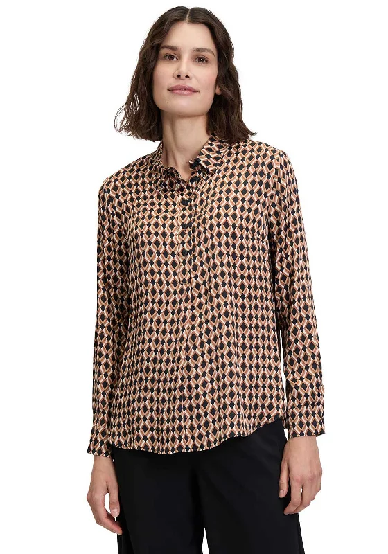 Betty Barclay Geometric Satin Long Sleeve Blouse, Brown Feminine Pastel Blouse