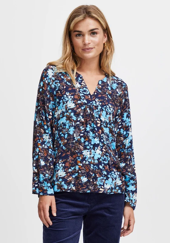 Fransa Floral Print Blouse, Blue Wrap Front Blouse