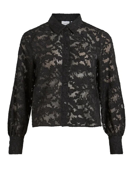 Vila Lema Textured Leaf Print Blouse, Black Slim Fit Blouse