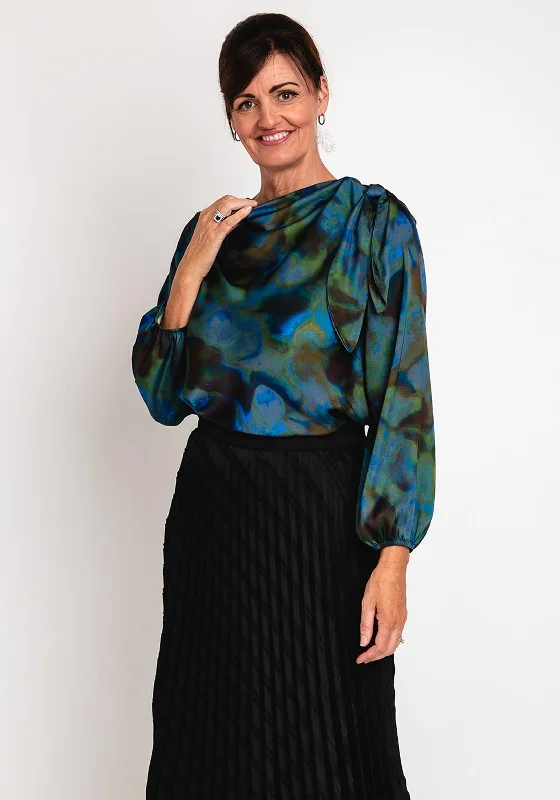 Camelot Satin Watercolour Inspired Blouse, Green Asymmetric Hem Blouse