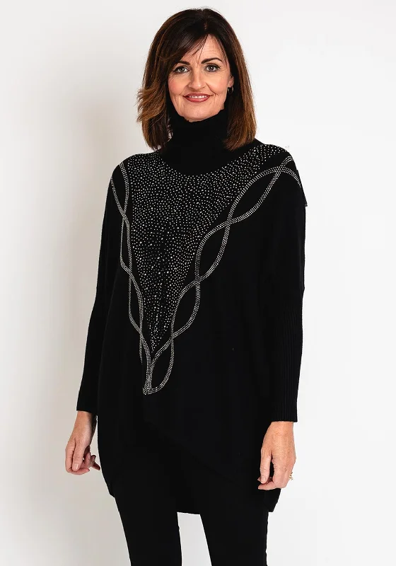 Serafina Collection Rhinestone Embellished Knit Sweater, Black Satin Blend Silk Blend Wool Blend