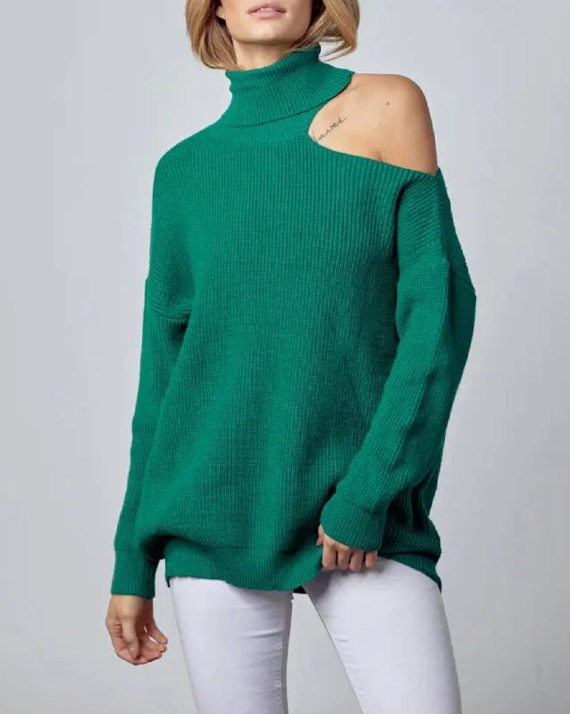 Shoulder-Baring Turtleneck Sweater In Forest Green Notch Collar Peter Pan Collar Cowl Neck