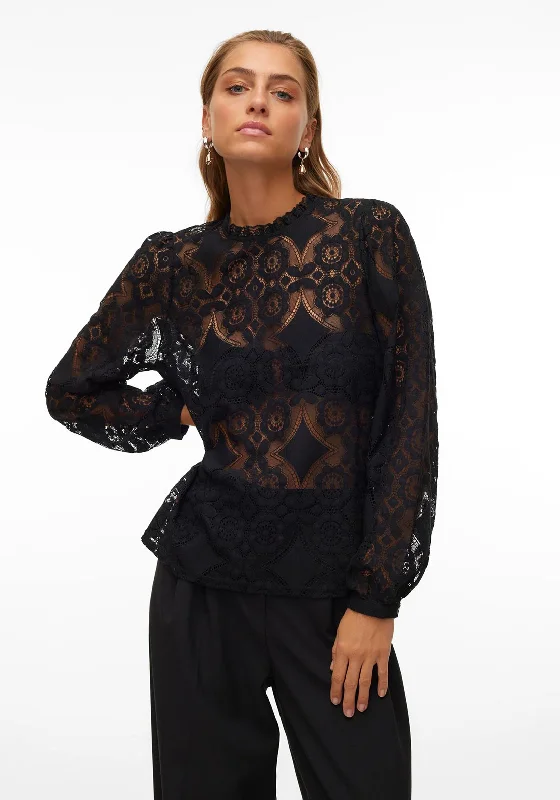 Vero Moda Ganna Semi Sheer Lace Blouse, Black Soft Modal Blouse