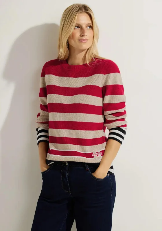 Cecil Multicolour Striped Sweater, Casual Red Stretchy Elastic Breathable