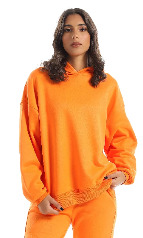 O156657 Basic Plain Orange Internal Fleece Hoodie Hoodie with Slit Hem Functional Movement