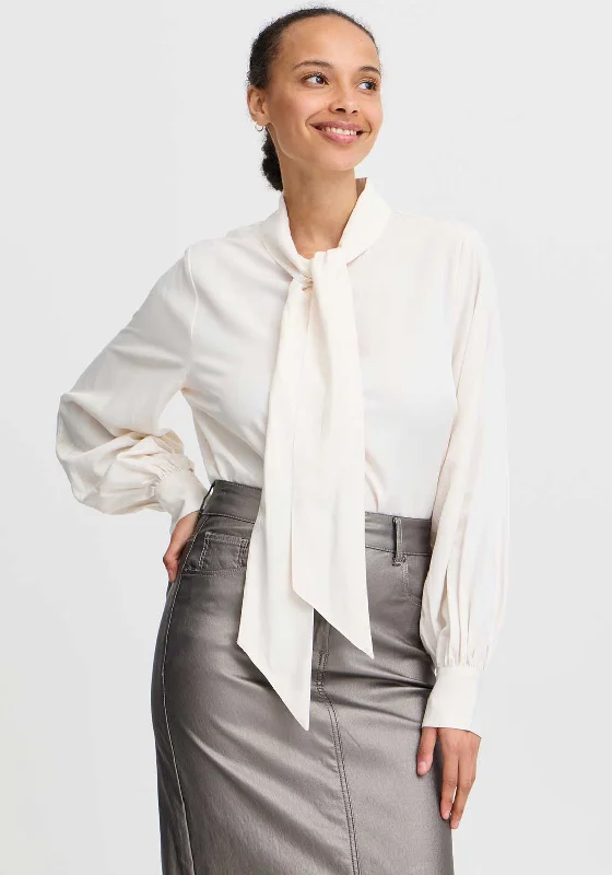 b.Young Hanyo Bow Tie Blouse, Ecru Elegant Semi-Sheer Blouse