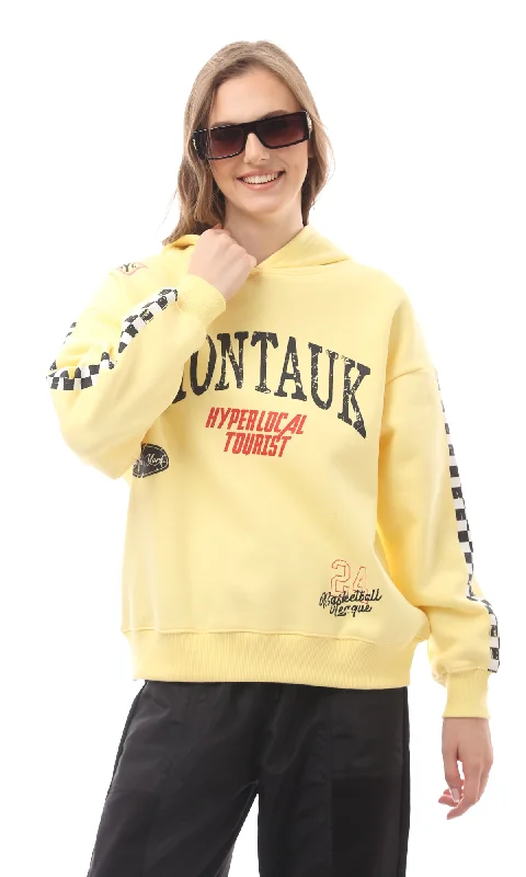 O172394 Printed "Montauk" Slip On Short Sweatshirt - Yellow Hoodie with Set-In Sleeves Structured Classic