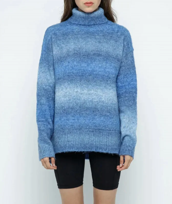 Ombré Turtleneck Sweater In Blue Mix Real Fur Shearling Chenille