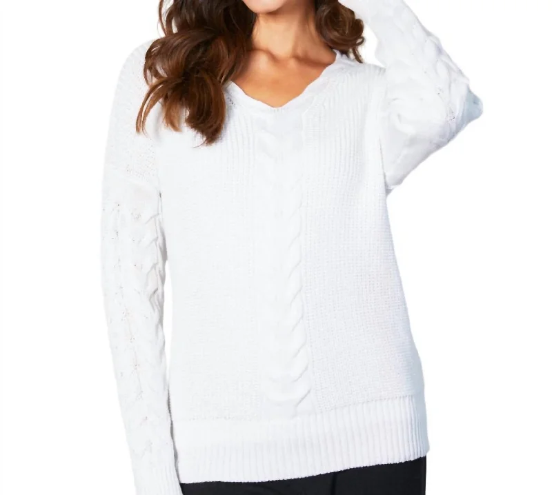 V-Neck Cable Knit Sweater In White Toggled Drawstring Belted