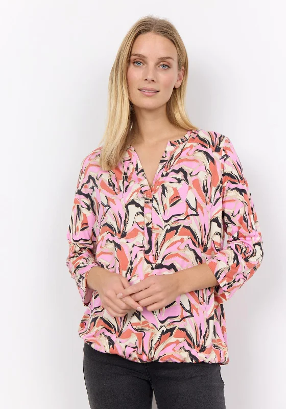 Soyaconcept Marica Split Neck Print Blouse, Pink Balloon Sleeve Blouse