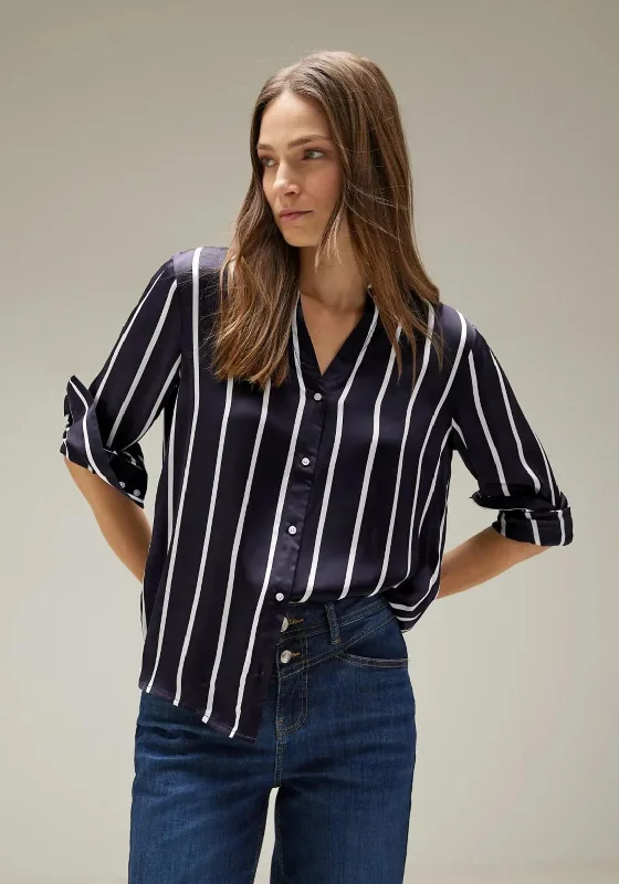 Street One Satin Stripe Blouse, Intense Deep Blue Elegant Lace Blouse