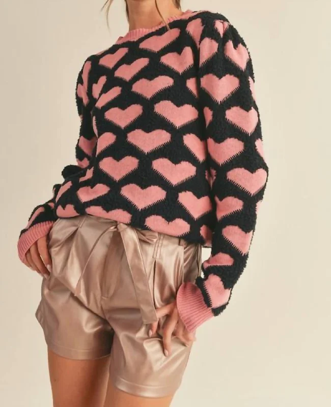 Crewneck Knit Heart Sweater In Black/pink Oversized Loose Flowy