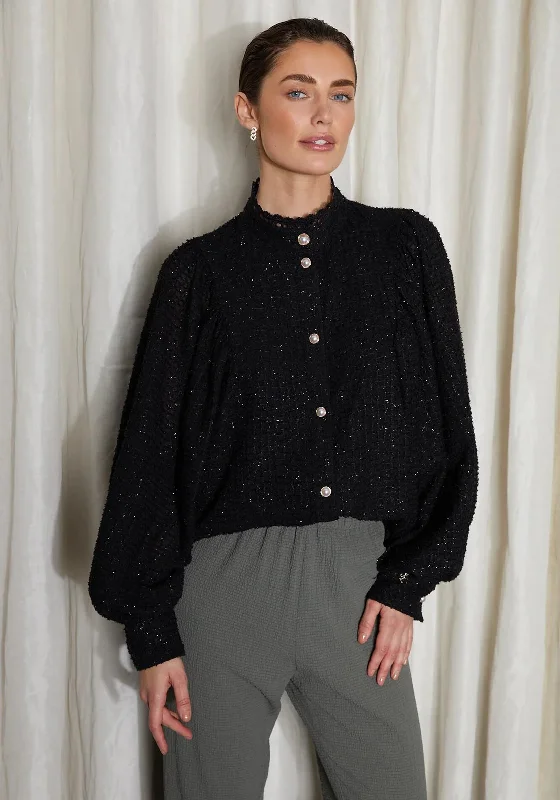 Jovonna Semira Waffle Shimmer Blouse, Black Classic Minimalist Blouse