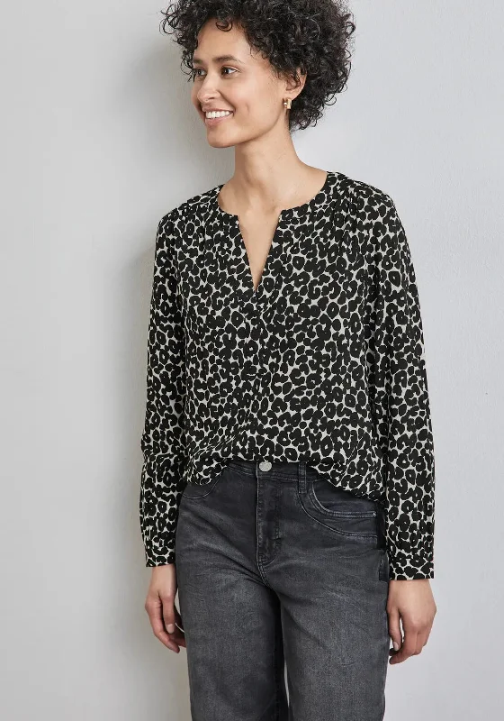 Street One Leopard Print V Neck Blouse, Black Sheer Sleeve Blouse