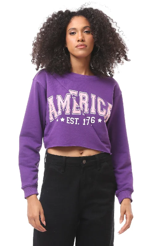 O175018 Front Cut Printed Purple Short Sweatshirt Hoodie with Hood Adjustable Protection