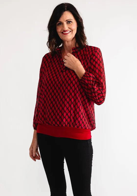 Kate and Pippa Bella Printed Blouse, Red Polished Work Blouse