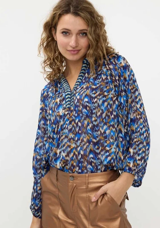 EsQualo Printed V Neck Blouse, Blue Side Tie Blouse