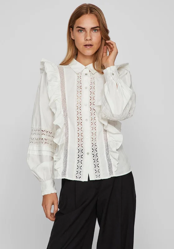 Vila Joselyn Frill Embroidered Trim Detail Blouse, Cloud Dancer Everyday Stylish Blouse