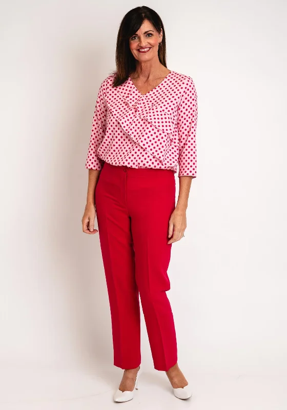 Via Veneto V-Neck Spotty Frilled Blouse, Crimson Ruched Sleeve Blouse