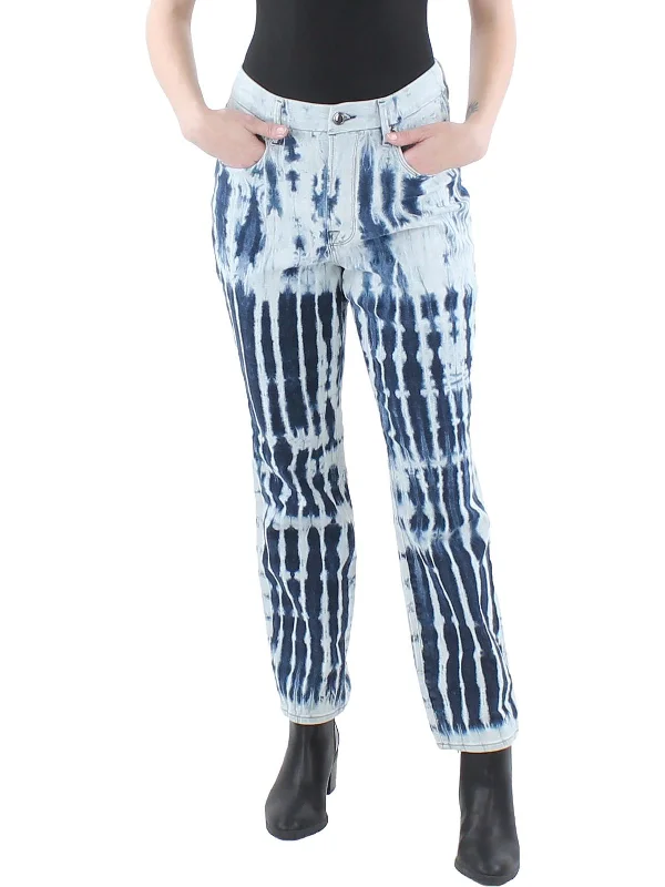 Vintage Shibori  Womens Tie-Dye Stretch Straight Leg Jeans Chic Rolled Cuff Denim Jeans