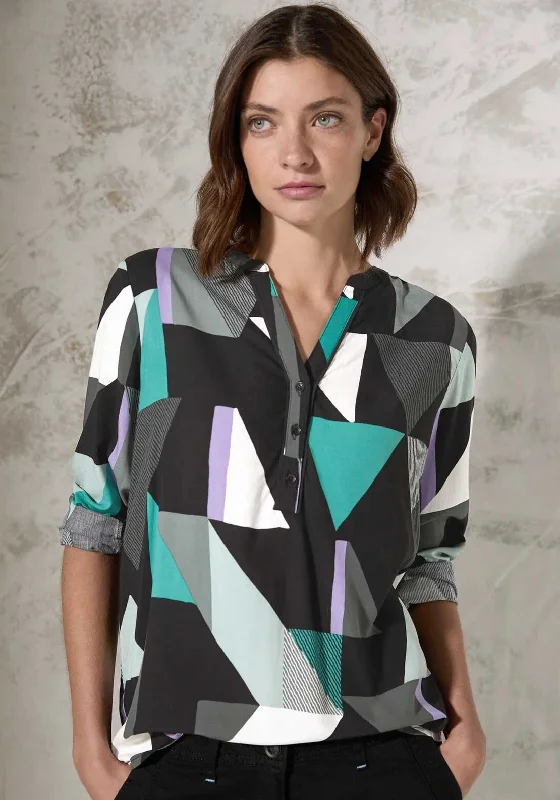 Cecil Geometric Button up V Neck Blouse, Black Multi Asymmetric Hem Blouse