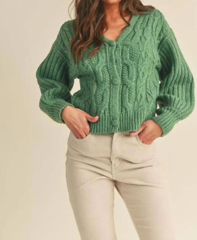 Cable Knit Puff Sleeve Sweater Cardigan In Rosemary Green Silk Blend Satin Velvet