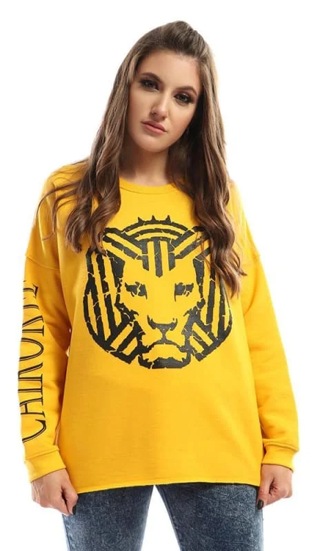 51313 'Cairokee '' Casual Printed Yellow Sweatshirt Hoodie with Distressed Vintage Worn